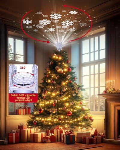 Christmas Snow Tree Topper with Built-in LED Snowflake Projector - Silver Snowflake Variation