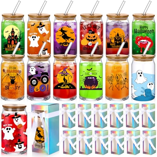 Ghost Halloween Glass Cups Set - 12 Styles, 16 oz with Bamboo Lids & Straws