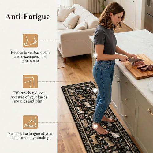 Anti-Fatigue Cat Kitchen Rug Mat Set - Vintage Black Non-Slip Waterproof Memory Foam