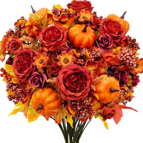 Fall Artificial Flower Bouquet with Pumpkin Accents - Red, 3 Bundles Autumn Decor
