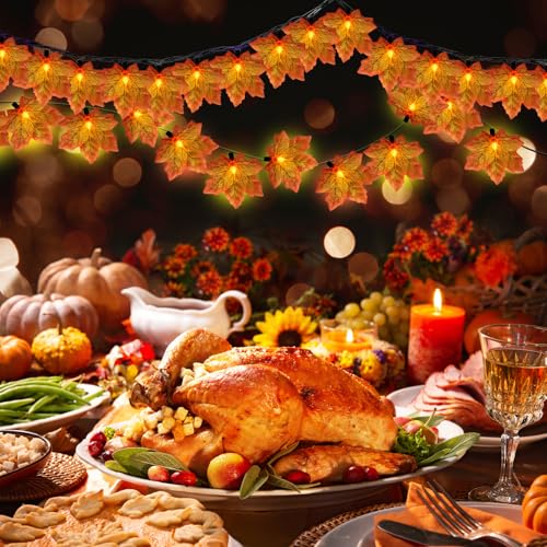GOOTHY Orange Maple Leaf String Lights for Fall & Halloween Decor - 13.6Ft Outdoor LED Garland with 35 Leaves - Variation: Orange Leaf