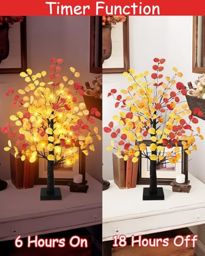 2 Pack 24-Inch Prelit Fall Eucalyptus Trees with Pumpkin LED Lights - Battery Operated Autumn Tabletop Decor
