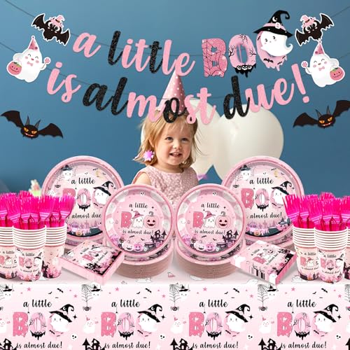 Pink Little Boo Baby Shower Decorations Set - Plates Napkins Tableware Halloween Girl