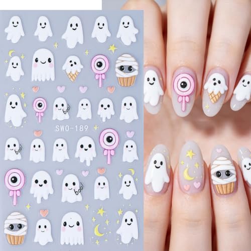 Halloween Nail Art Stickers 6 Sheets 5D Embossed Ghost & Mummy Design - 5D Colorful