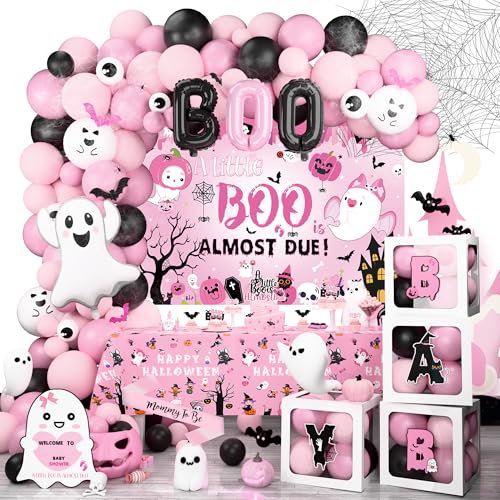 Halloween Baby Shower Decorations Girl Set - Pink & Black Spooky Party Kit with Balloons, Backdrop, Sash