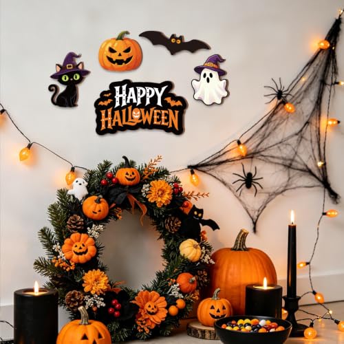 Halloween Ghost Bat Pumpkin Wooden Wall Art Decor with Cat Variation