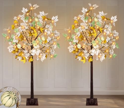 Lighted Artificial Fall Tree with Timer - 4FT White Maple Decor for Autumn & Halloween