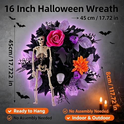 Halloween Skeleton Wreath for Front Door - 18-Inch Haunted House Decor - Variation A