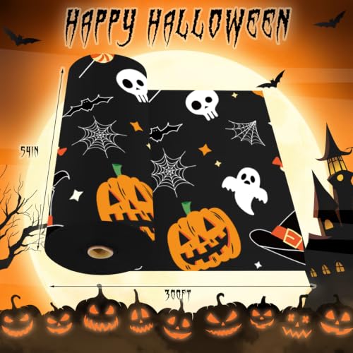 Halloween Pumpkin Ghost Plastic Table Cover Roll - 3600 x 54 Inches, Disposable with Slide Cutter