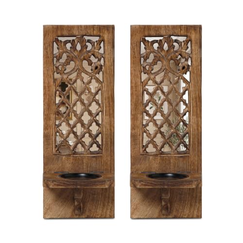 16 Inch Jharokha Wooden Candle Sconce with Mirror, Rustic Burnt Finish - Pack of 2