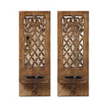 16 Inch Jharokha Wooden Candle Sconce with Mirror, Rustic Burnt Finish - Pack of 2