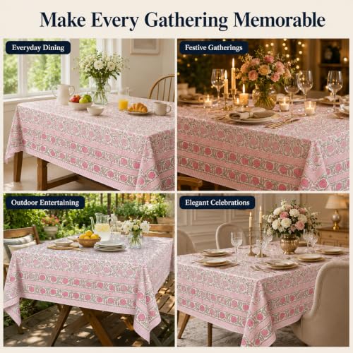 Rectangular Cotton Tablecloth 72x140 Inch Hand Block Printed Floral Cover for Dining & Events - Strawberry Red