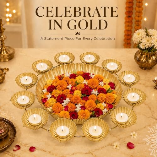 Diwali Lotus Urli Bowl for Home Decor Festival Pooja Gold 14 Inch