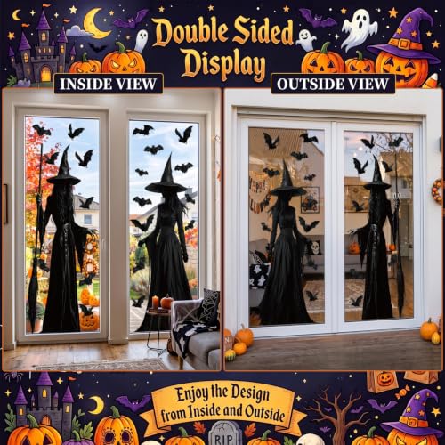 Halloween Window Clings Large Witch Silhouette Decals - Black, Spooky Decor