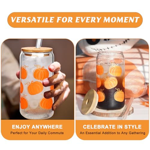 ANOTION Fall Glass Mug with Color Changing Pumpkin Design, Lid & Straw - 18oz Variation 1