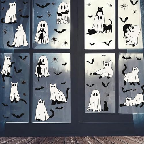 Halloween Window Clings Pack - Ghost, Cat, Bat & Spider Web Stickers - Style1