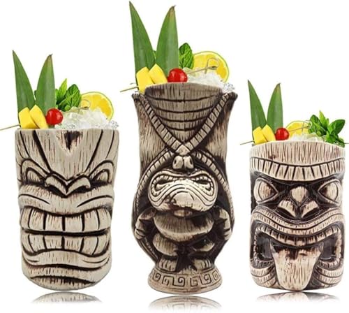 Large Ceramic Tiki Mug Set for Cocktails - Tropical Bar Drinkware