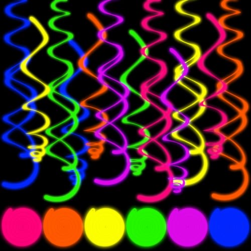 36PCS Neon Hanging Swirl Party Decorations UV Reactive Ceiling Streamers for Birthday & Halloween
