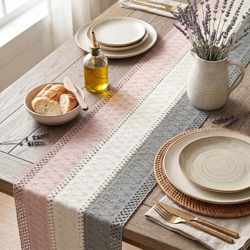 Farmhouse Table Runner 12x72 Inch - Grey and Pink Rustic Decor