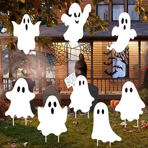 8PCS Halloween Ghost Yard Signs Outdoor Decor with Stakes and Hanging Options