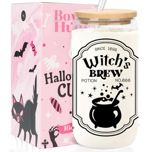 Clear Witch Halloween Glass Cup - 16oz Spooky Boo Coffee Mug with Lid & Straw