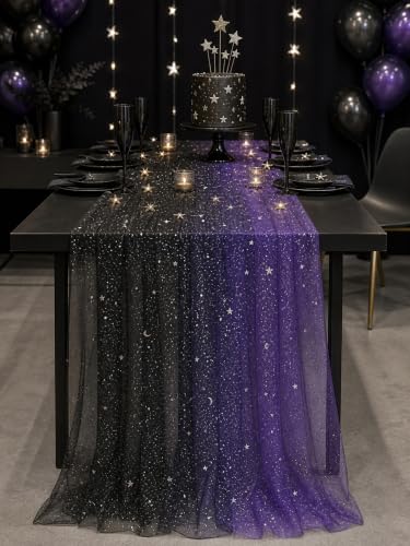 Black & Purple Sequin Sheer Table Runner 120 Inch 6PCS - Boho Wedding Holiday Decor