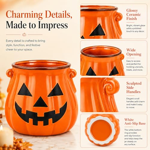 Halloween Ceramic Pumpkin Utensil Holder for Kitchen, Orange Candy Crock