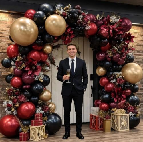 Burgundy Black Gold Balloon Garland Kit - Double Stuffed Latex Balloons for Party Decor