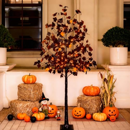6ft Black Maple Halloween Tree with LED Skull & Spider Lights - Weatherproof Decor