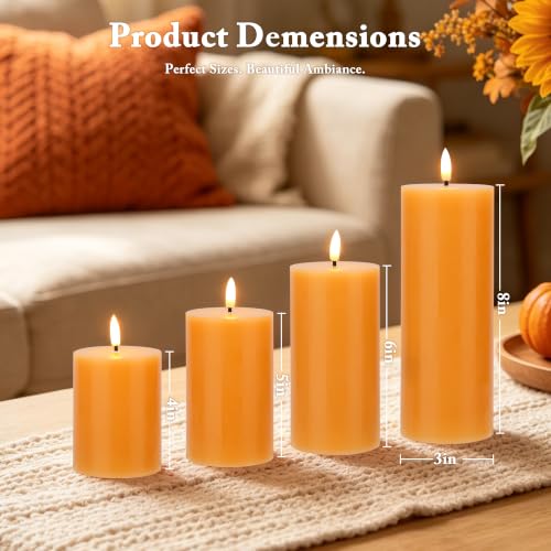 JOIONE Orange Fall Flameless Pillar Candles with Remote - 4 Pack Autumn Decor
