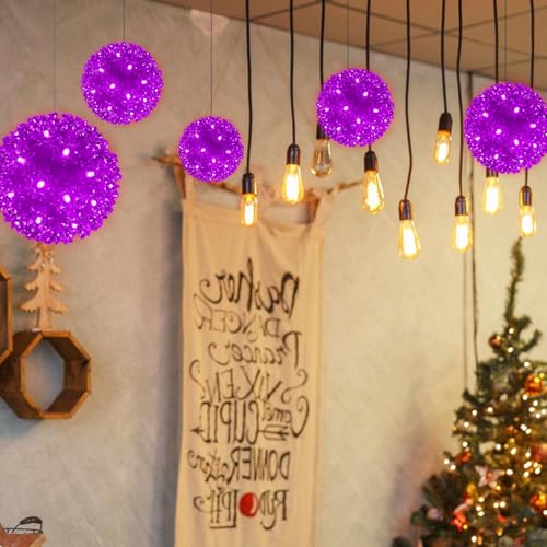 Purple 5.5-Inch Outdoor Hanging LED Sphere Lights - 50 LED Starlight Balls with Green Wire - Christmas & Holiday Decor