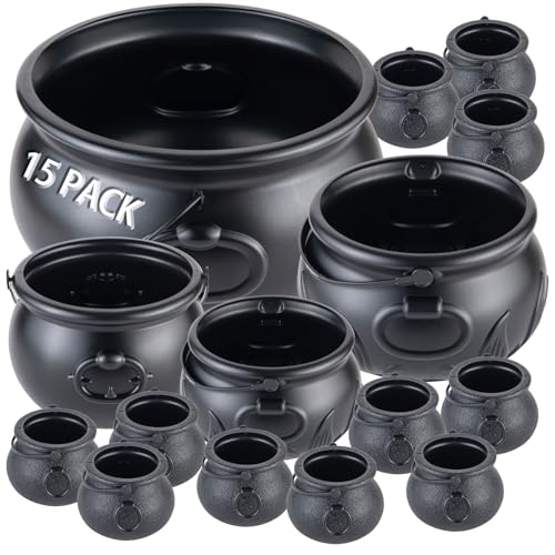 15 Pack Black Plastic Cauldrons for Halloween Party Decorations and Candy Holders