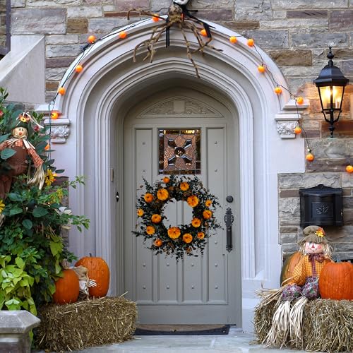 22-Inch Halloween Wreath with Pumpkins and Eucalyptus Leaves - Orange Pumpkin Variation