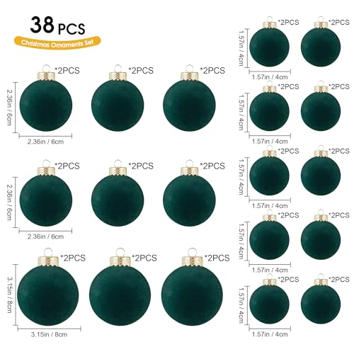Green Velvet Christmas Ornaments Set 38Pcs Flocked Shatterproof Holiday Decorations