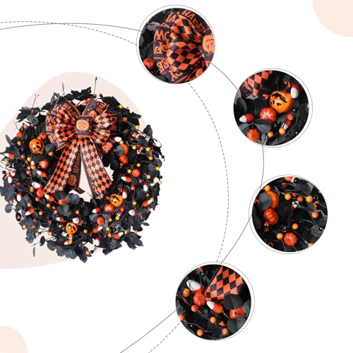 Halloween Wreath with Black Eucalyptus & Pumpkins - 22 Inch Decor with Bow - Indoor Outdoor Holiday Celebration - Variation of Halloween Wreath