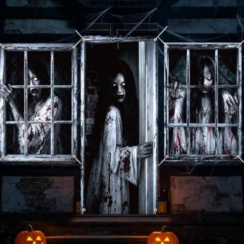 Halloween Window Curtain Cover - Scary Female Ghost Poster, 3 Pieces, Spooky Decor