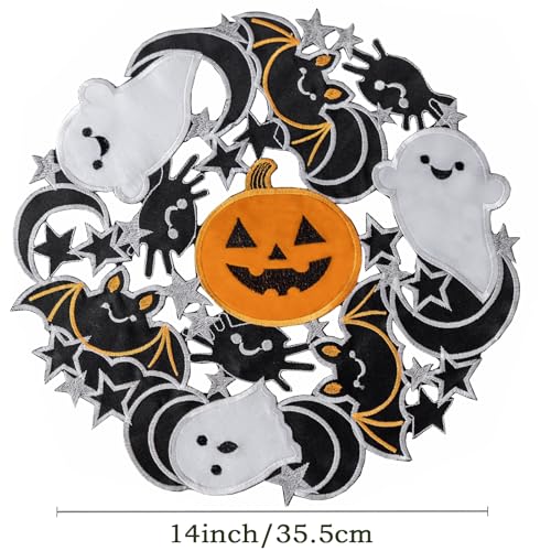 Round Halloween Spooky Placemats Set of 4 - Embroidered Pumpkins & Bats, 14 Inch, Black Gothic Table Decor