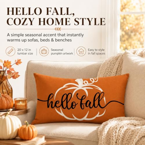 Hello Fall Pumpkin Rectangle Lumbar Throw Pillow Cover - 12x20 Orange