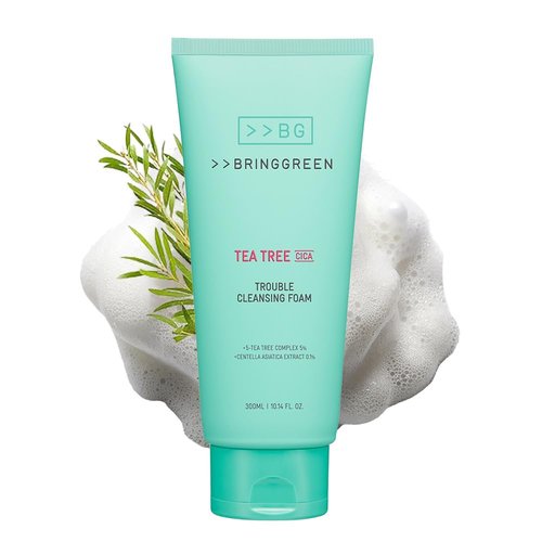 BRING GREEN Tea Tree Cica Cleansing Foam - Gentle Exfoliating Cleanser for Sensitive Skin (10.1 Fl. Oz., 300ml)