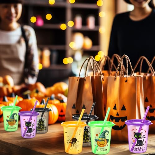 Vivid Halloween Kids Plastic Cups 24 Pack with Lids & Straws - 10 Oz Reusable Toddler Tumblers