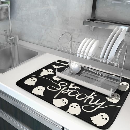 Halloween Dish Drying Mat for Kitchen Counter 18x24 Black Spooky Ghost Reversible Microfiber Absorbent Protector - Variation of THIS listing