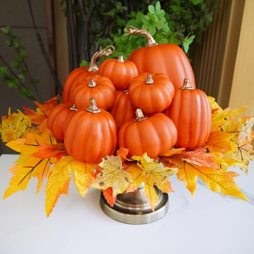 Assorted Dark Orange Artificial Pumpkins Set for Fall Decor - 10 Pcs