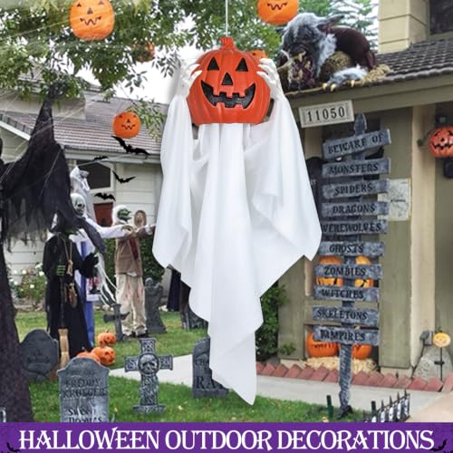 Sound Activated Halloween Hanging Ghost with Pumpkin - 43 Inch Spooky Animatronic Decor
