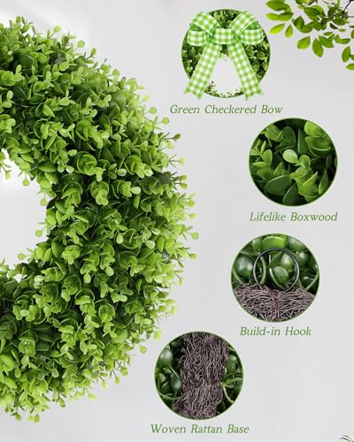 18 Inch Artificial Boxwood Wreath for Front Door Wall & Window Decor - Green Bow, All-Season Holiday Indoor Outdoor