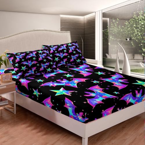 Halloween Bat Fitted Sheet Set - Kids King Size Bedding for Boys & Girls