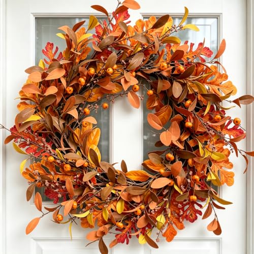 24-Inch Fall Wreath with Orange Pumpkins & Leaves - Handmade Autumn Door Decor