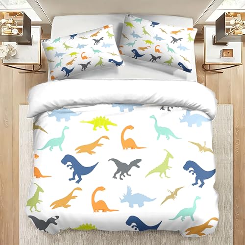 Twin Size Colorful Dinosaur Duvet Cover Set for Kids Bedroom - White 68x86