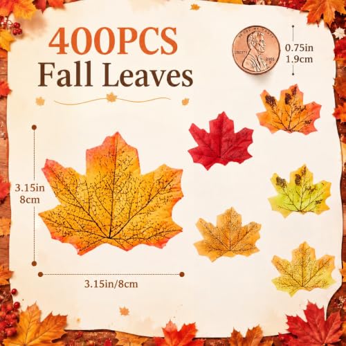 400 Pcs Fake Fall Leaves - Autumn Foliage Decorations for Fall & Thanksgiving - Red