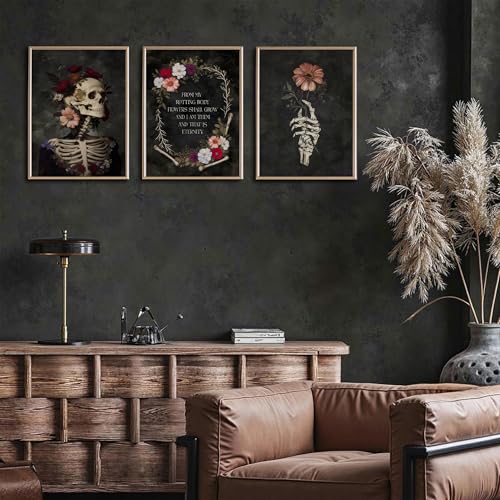 Black Gothic Skull Canvas Wall Art - Romantic Moody Flowers Poster for Bedroom & Halloween Decor - 16x24in