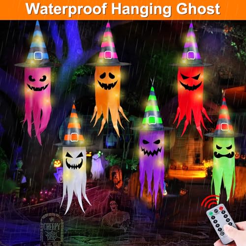 Halloween Hanging Ghost Decorations with Lights - Outdoor Indoor Decor Set 6 pcs